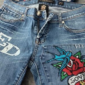 Christian Audigier Embroidered Blue Skinny Jeans with Rose & Swallow Patch size